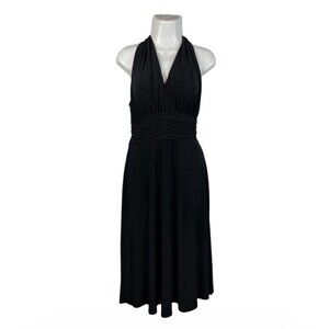 Evan-Picone Black Halter Dress Size 8 Ruched Waist V-Neck Midi Cocktail Party